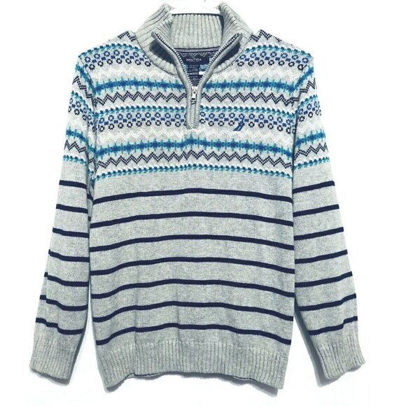 Nautica Sweater Womens Medium Gray Fair Isle 1/4 Zip Pullover Gray Cotton - Picture 1 of 5